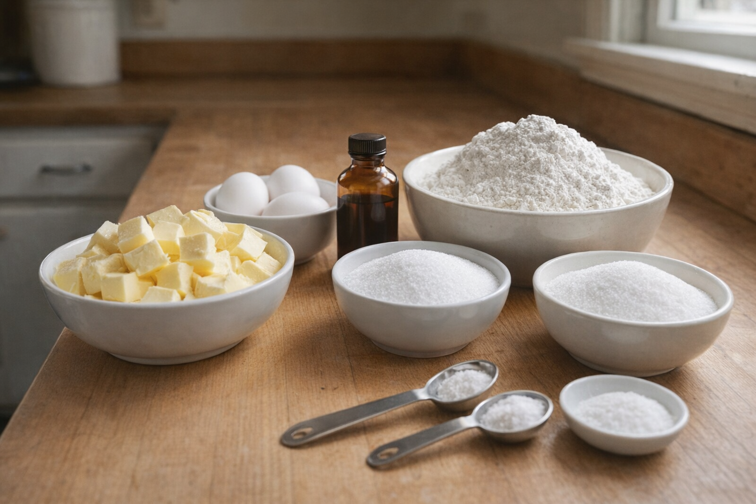 Room temperature butter, eggs, vanilla extract, flour, sugar, baking powder, and salt laid out on a kitchen counter, natural light